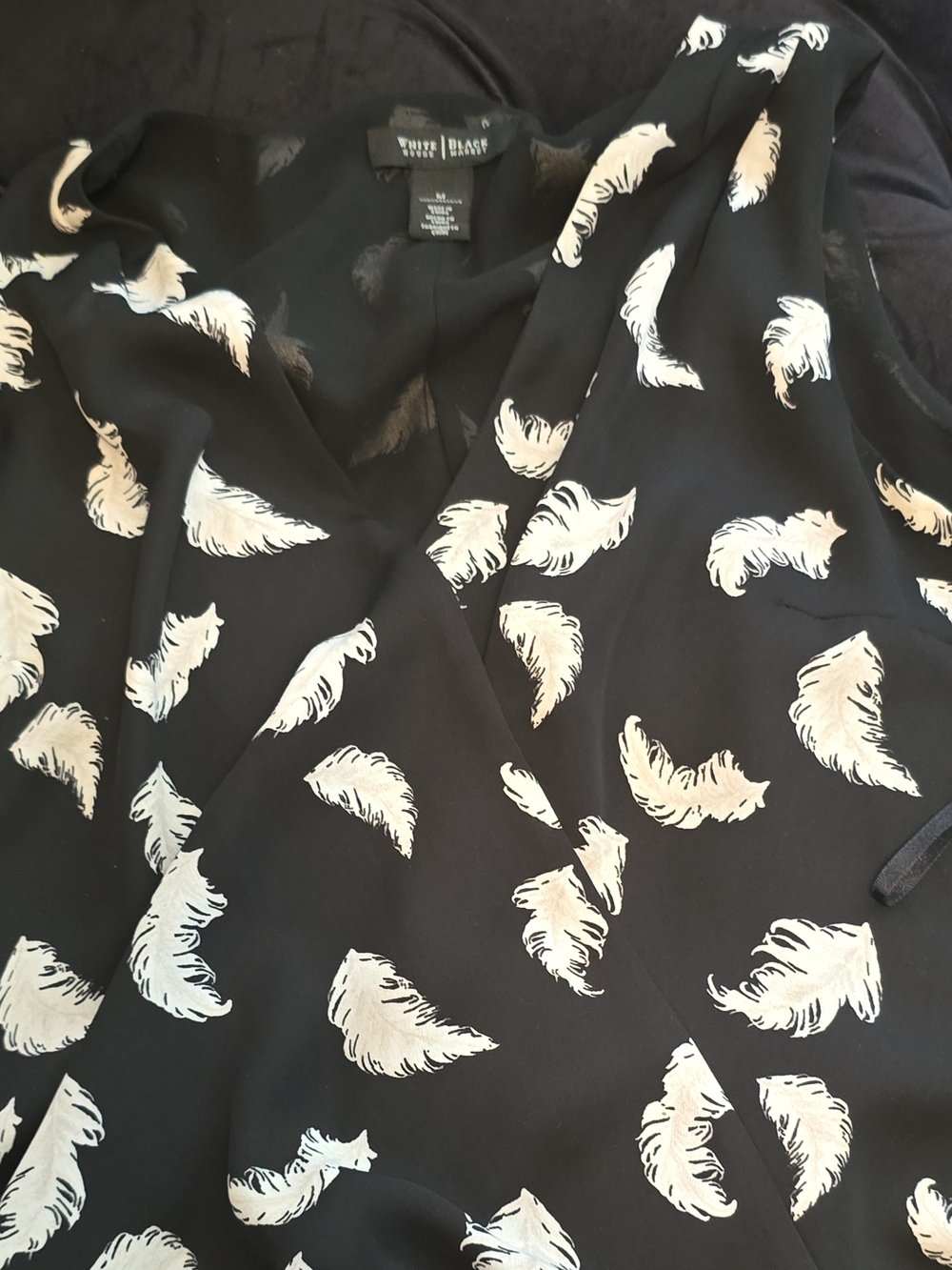 White House Black Market Black Feather-Print Blouse Medium